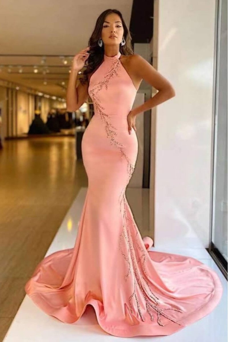 Faithe Mild Coral Halter Backless Beading Mermaid Evening Dresses