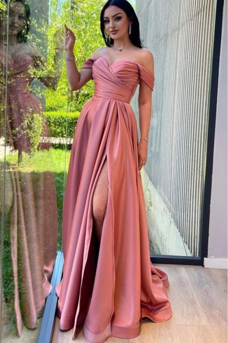 Fay Generous Nude Pink Off Shoulder Side Slit A-Line Evening Dresses