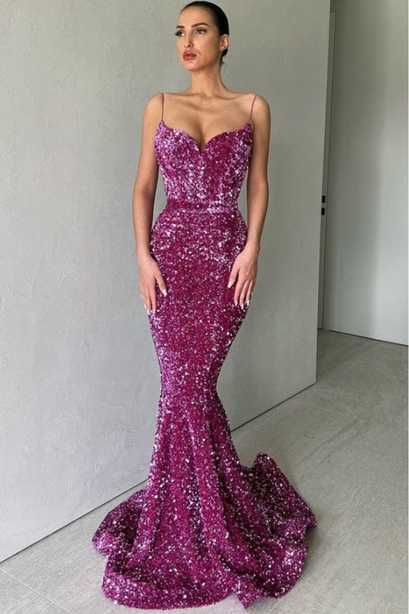 Florence Beautiful Purple Spaghetti Straps Open Back Mermaid Sequins Evening Dresses