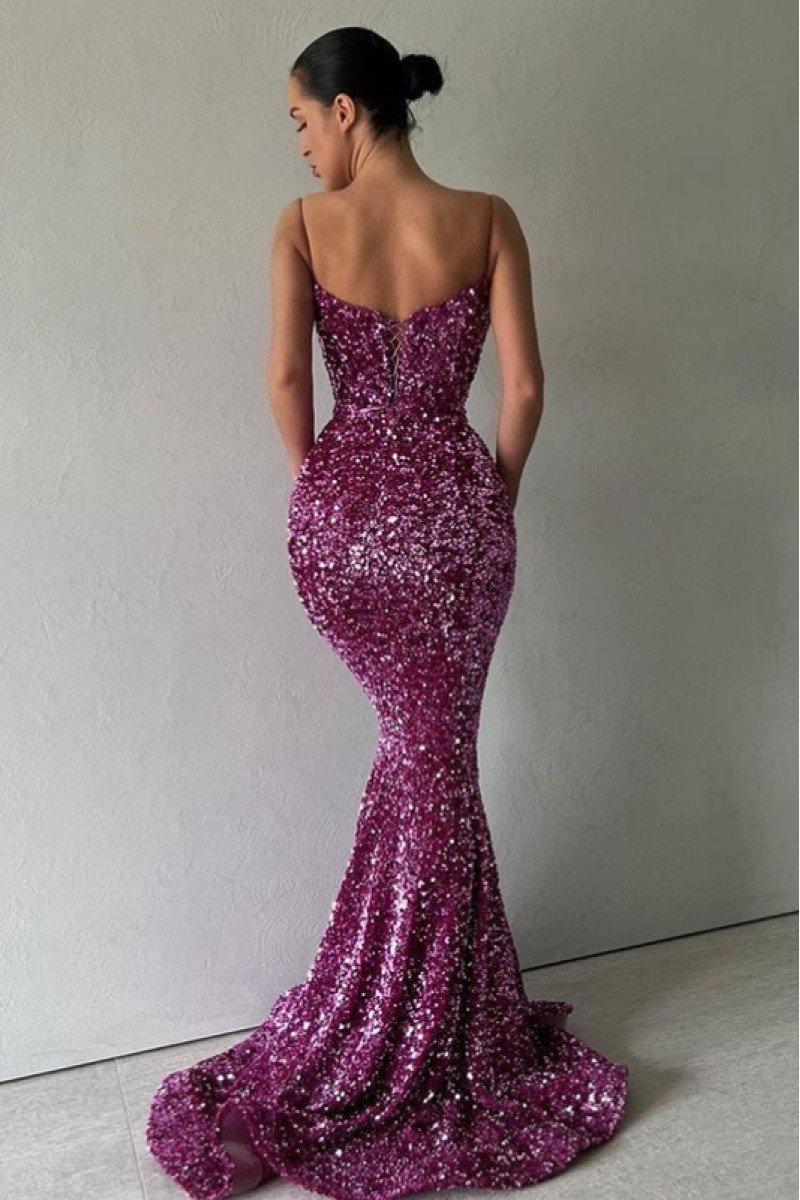 Florence Beautiful Purple Spaghetti Straps Open Back Mermaid Sequins Evening Dresses