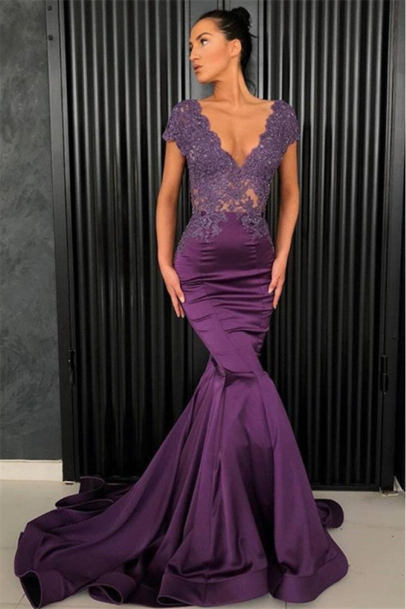 Fred Chic Purple V-Neck Open Back Appliques Mermaid Evening Dresses