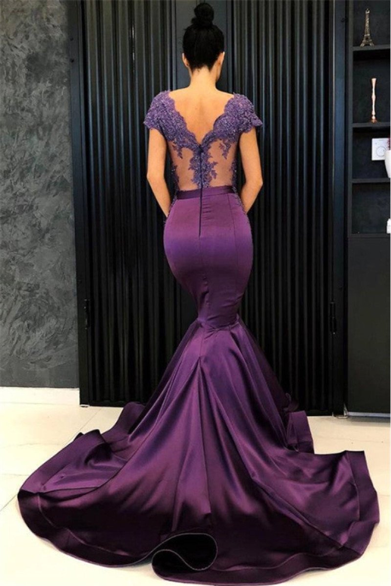 Fred Chic Purple V-Neck Open Back Appliques Mermaid Evening Dresses