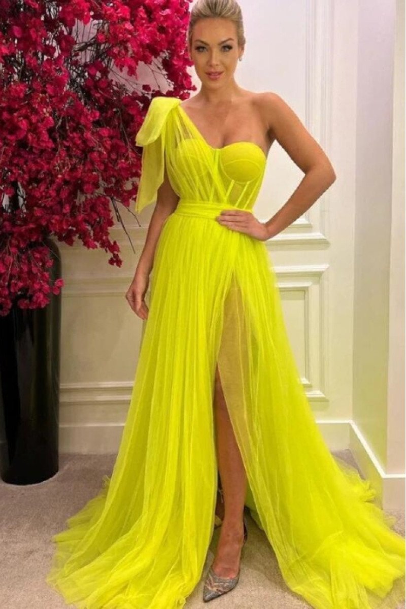 Freda Sexy Yellow One Shoulder Side Slit Open Back A-Line Evening Dresses