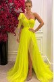 Freda Sexy Yellow One Shoulder Side Slit Open Back A-Line Evening Dresses