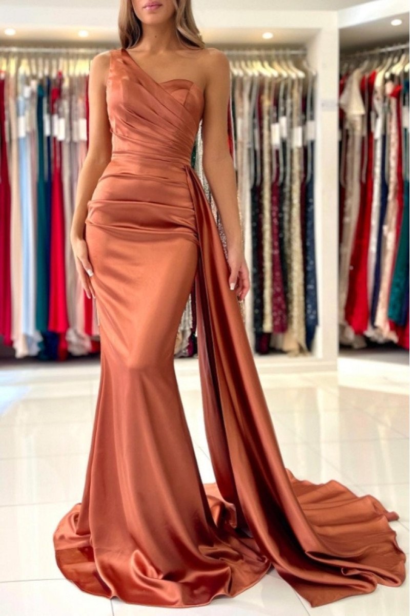 Frederica Mild Brown One Shoulder Panel Train Sheath Evening Dresses