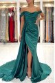 Frida Fancy Turquoise Off Shoulder Side Slit Court Train Sheath Evening Dresses