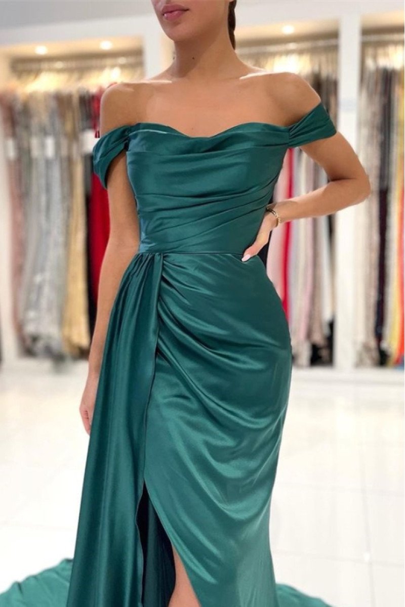 Frida Fancy Turquoise Off Shoulder Side Slit Court Train Sheath Evening Dresses