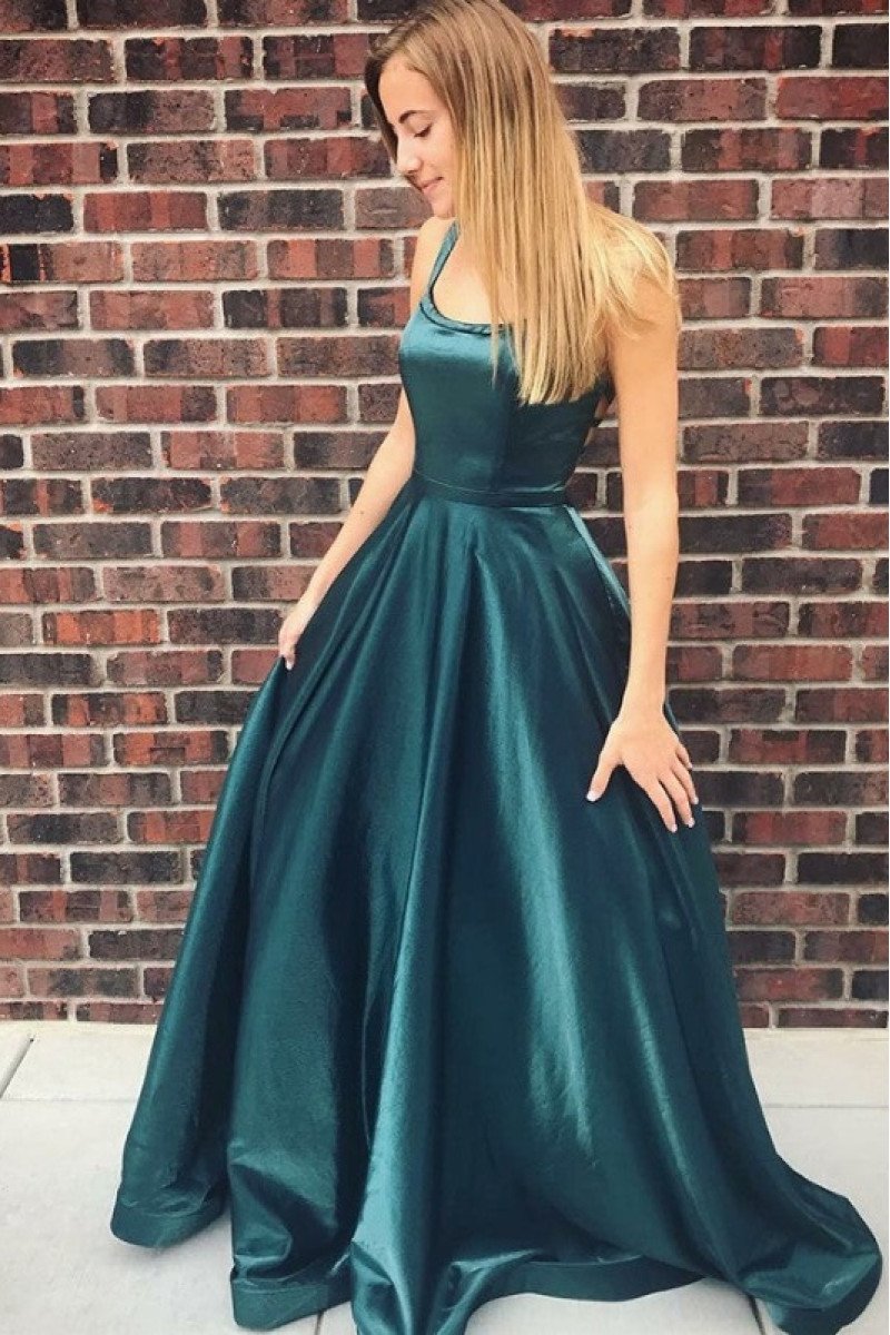 Gabrielle Fancy Dark Green Spaghetti Straps Backless A-Line Evening Dresses