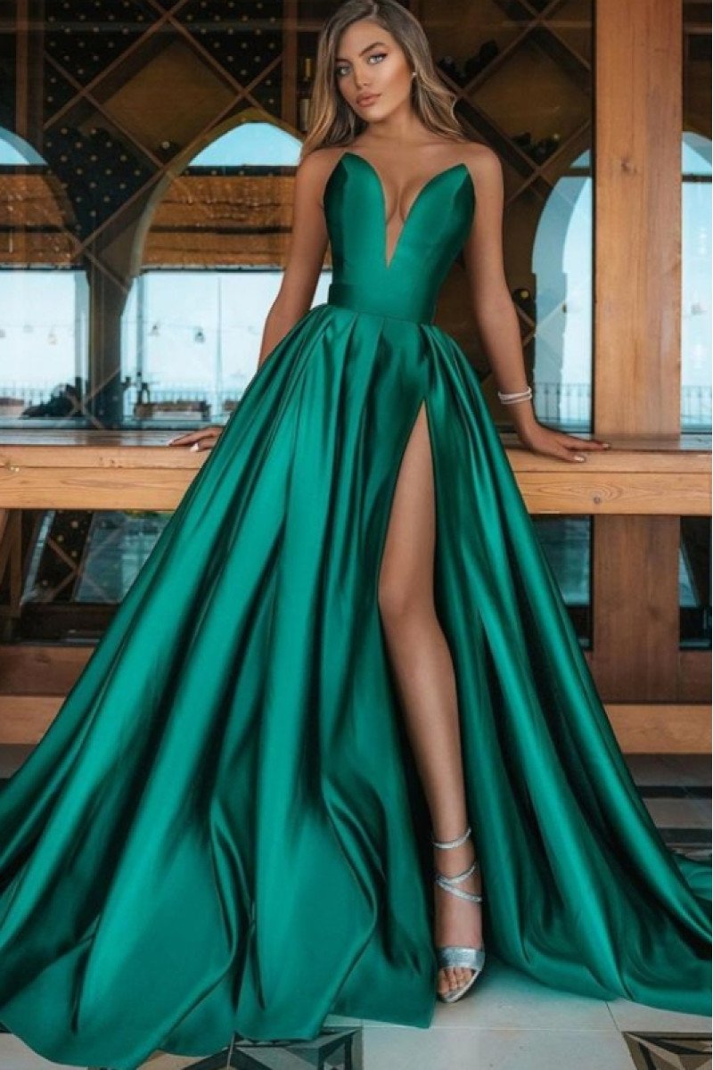 Gaby Gentle Jade Sweetheart Side Slit A-Line Evening Dresses