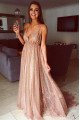 Genevieve Beautiful Nude Pink Spaghetti Straps Backless A-Line Sequins Evening Dresses