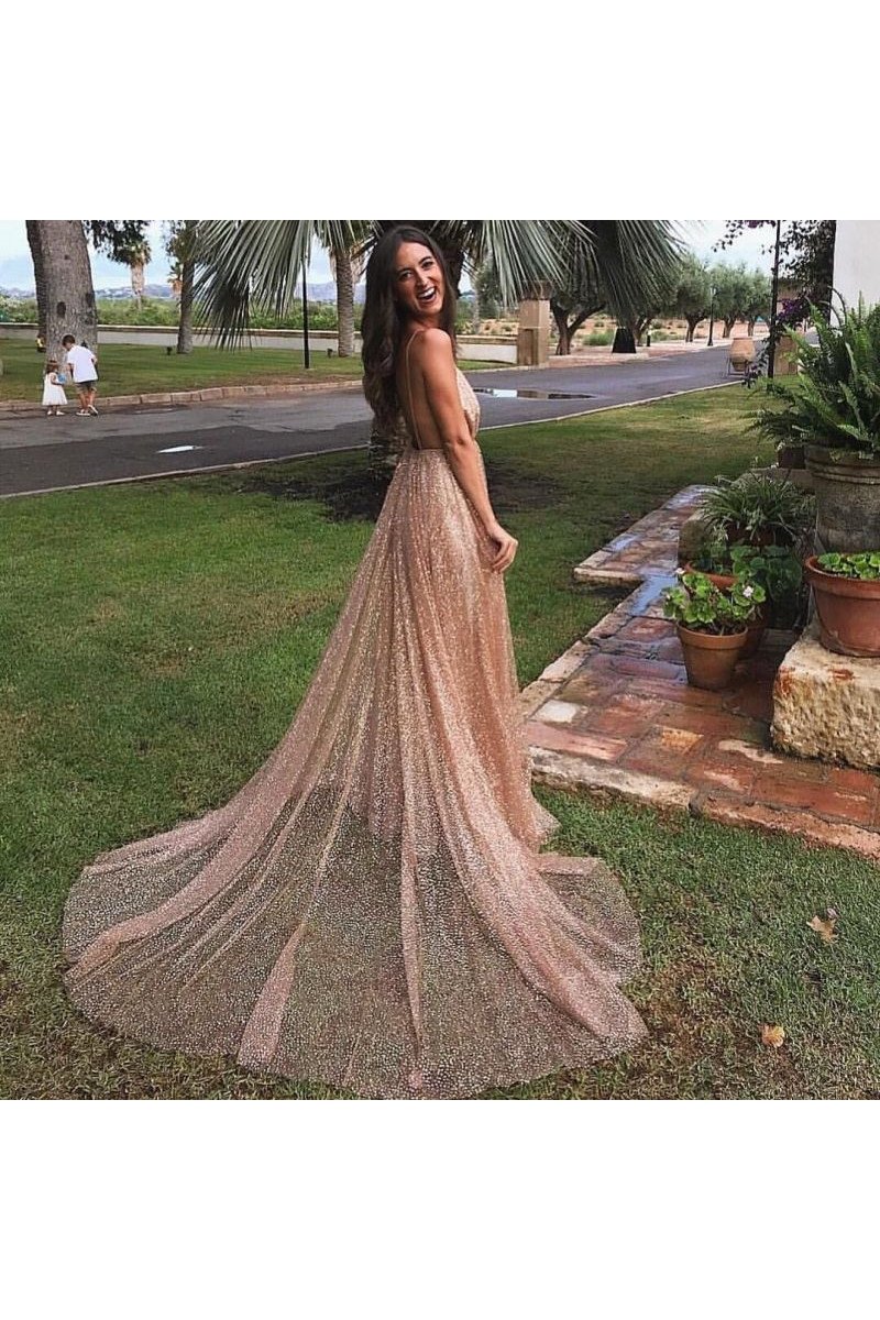 Genevieve Beautiful Nude Pink Spaghetti Straps Backless A-Line Sequins Evening Dresses