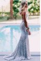 Gladys Modern Silver Spaghetti Straps Backless Sequins Sheath Evening Dresses