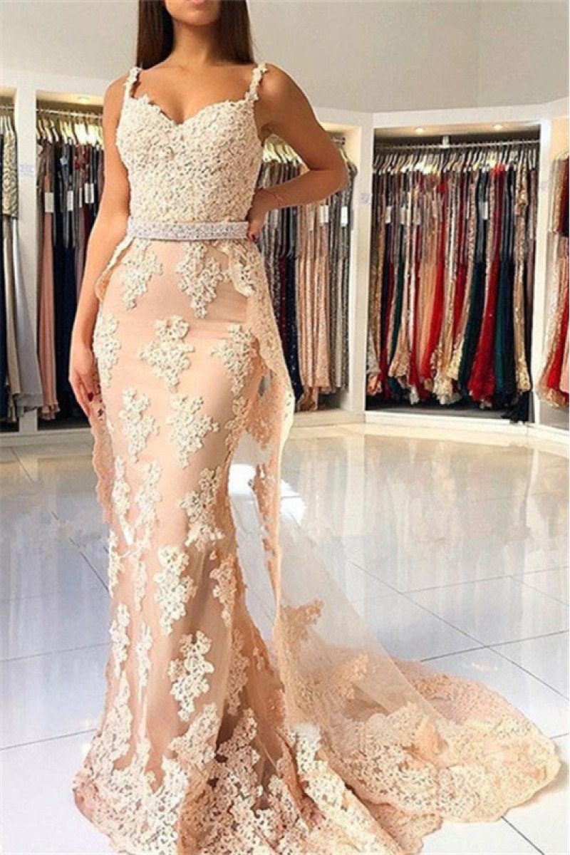 Gloria Beautiful Coral Spaghetti Straps Appliques Sheath Evening Dresses With Panel Train