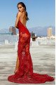 Edith Sexy Red Lace Spaghetti Straps Backless Sheath Evening Dresses