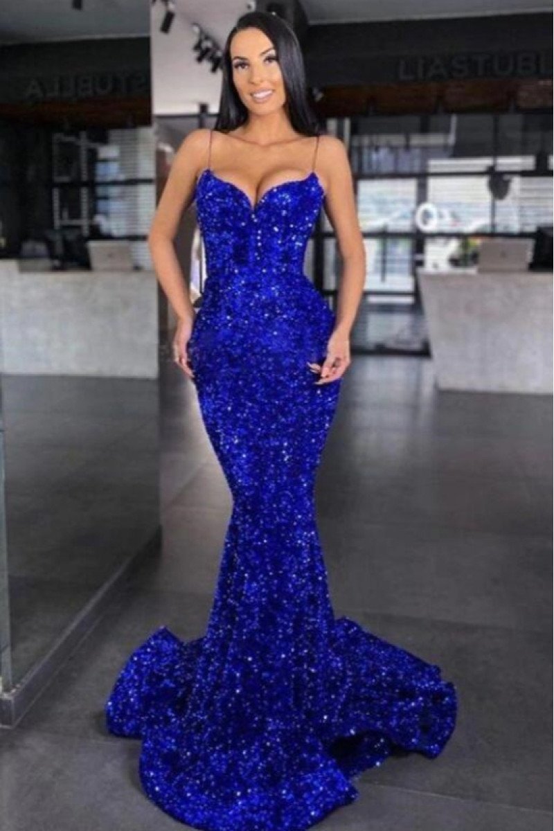 Elisa Sparkle Royal Blue Sequins Spaghetti Straps Sheath Evening Dresses