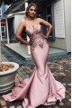 Flora Wonderful Dusty Pink Spaghetti Straps Open Back Appliques Mermaid Evening Dresses