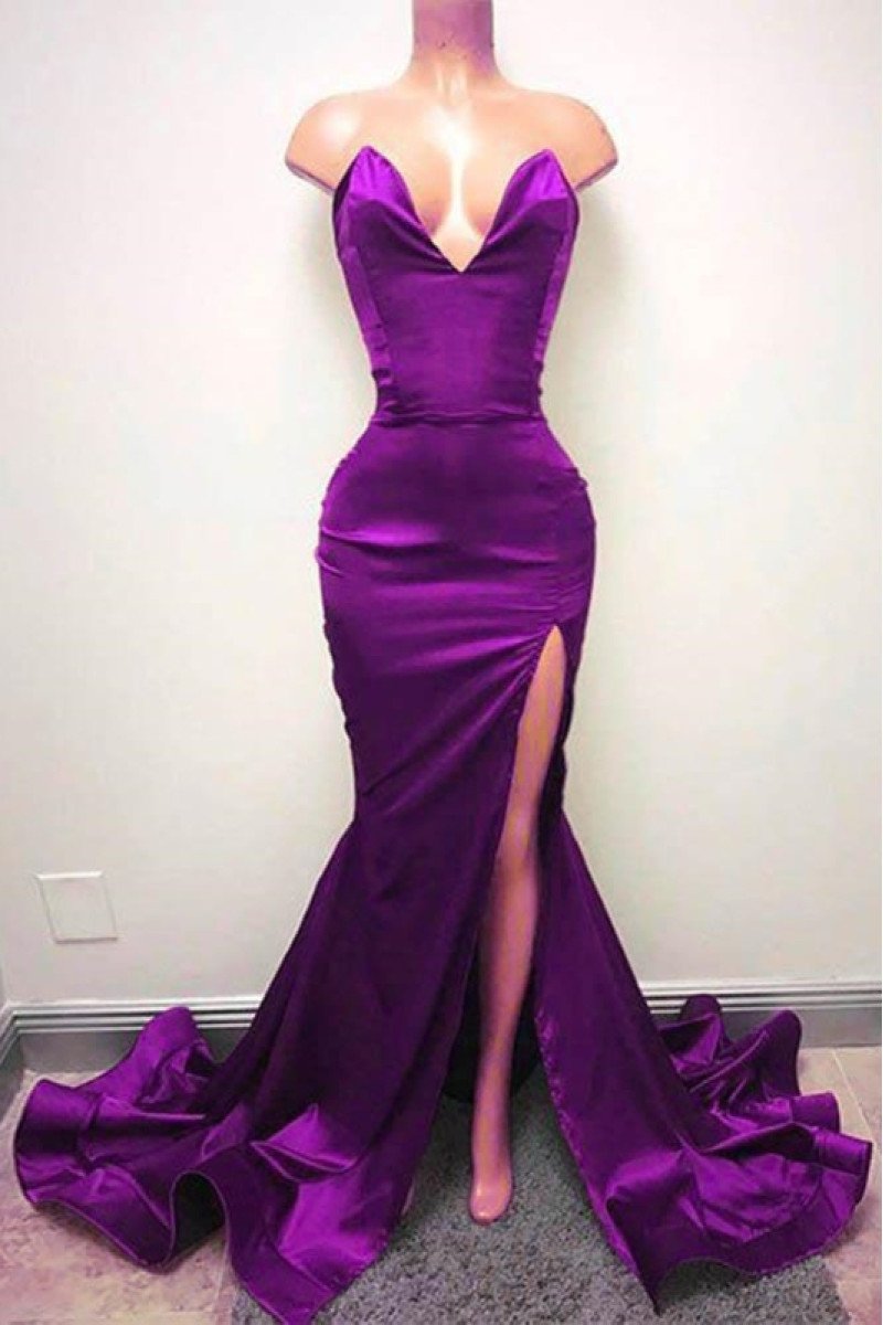 Simple Burgundy Sweetheart Mermaid Side Slit Prom Dresses