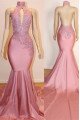 Duncan Beautiful Pink High Neck Backless Appliques Mermaid Prom Dresses With Keyhole