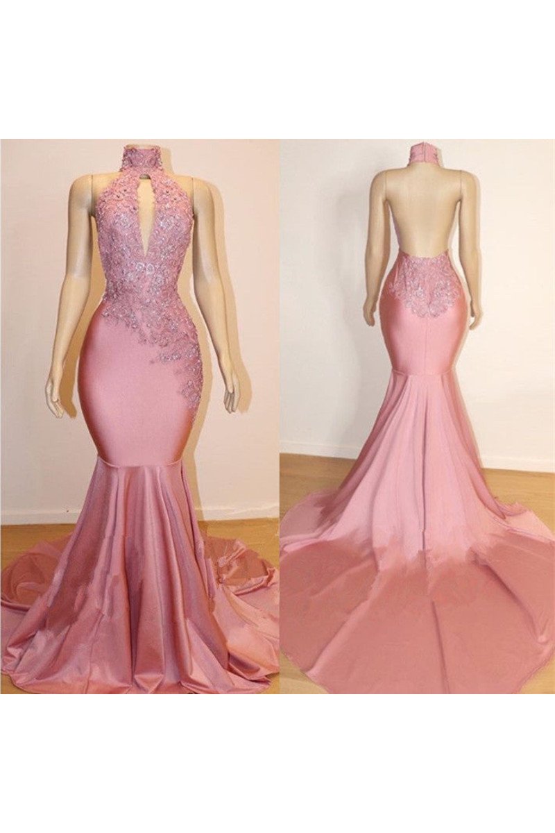 Duncan Beautiful Pink High Neck Backless Appliques Mermaid Prom Dresses With Keyhole