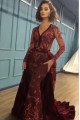 Eartha Classical Burgundy V-Neck Long Sleeves Appliques Velvet Sheath Prom Dresses With Panel Train