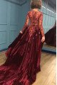 Eartha Classical Burgundy V-Neck Long Sleeves Appliques Velvet Sheath Prom Dresses With Panel Train