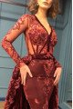 Eartha Classical Burgundy V-Neck Long Sleeves Appliques Velvet Sheath Prom Dresses With Panel Train