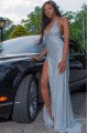 Astrid Sexy Light Blue Halter Side Slit Backless Sequins Sheath Prom Dresses