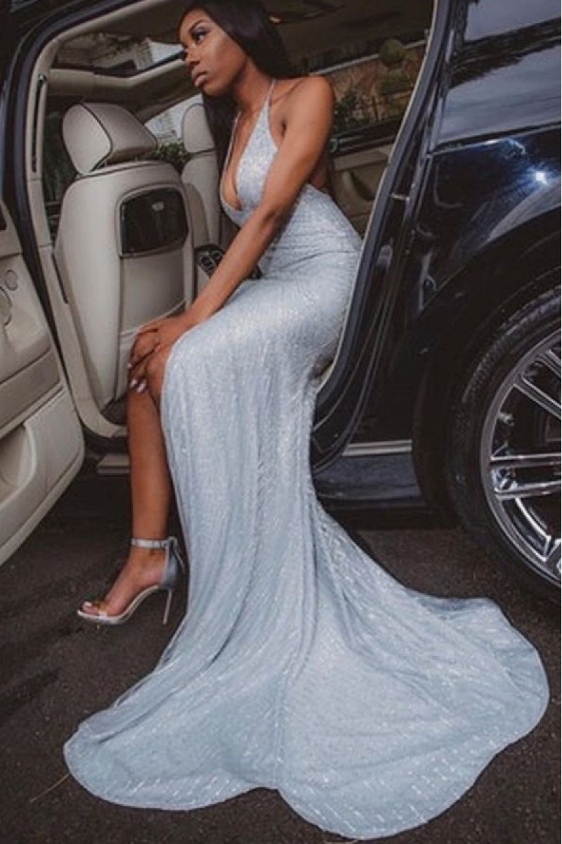 Astrid Sexy Light Blue Halter Side Slit Backless Sequins Sheath Prom Dresses