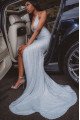 Astrid Sexy Light Blue Halter Side Slit Backless Sequins Sheath Prom Dresses