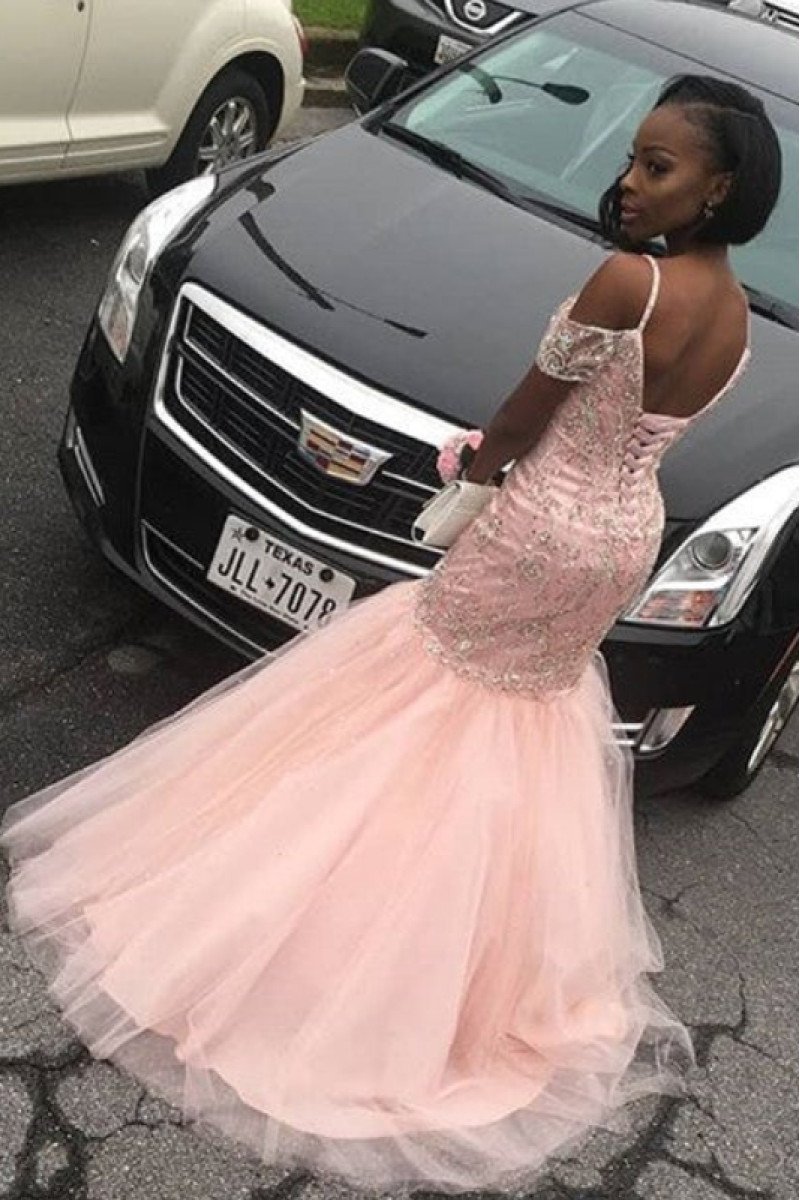 Athena Lovely Coral Spaghetti Straps Open Back Appliques Puffy Layers Mermaid Prom Dresses