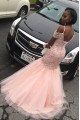 Athena Lovely Coral Spaghetti Straps Open Back Appliques Puffy Layers Mermaid Prom Dresses