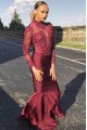 Aubrey Classical Burgundy High Neck Long Sleeves Appliques Mermiad Prom Dresses