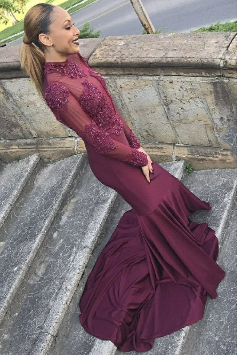 Aubrey Classical Burgundy High Neck Long Sleeves Appliques Mermiad Prom Dresses