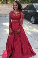 Audrey Fancy Red Jewel Long Sleeves Appliques Two Pieces Prom Dresses