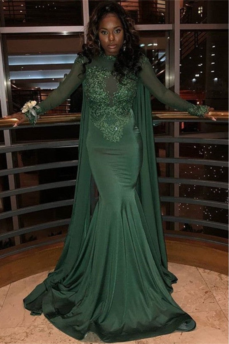 Avery Decent Dark Green High Neck Long Sleeves Appliques Mermaid Prom Dresses