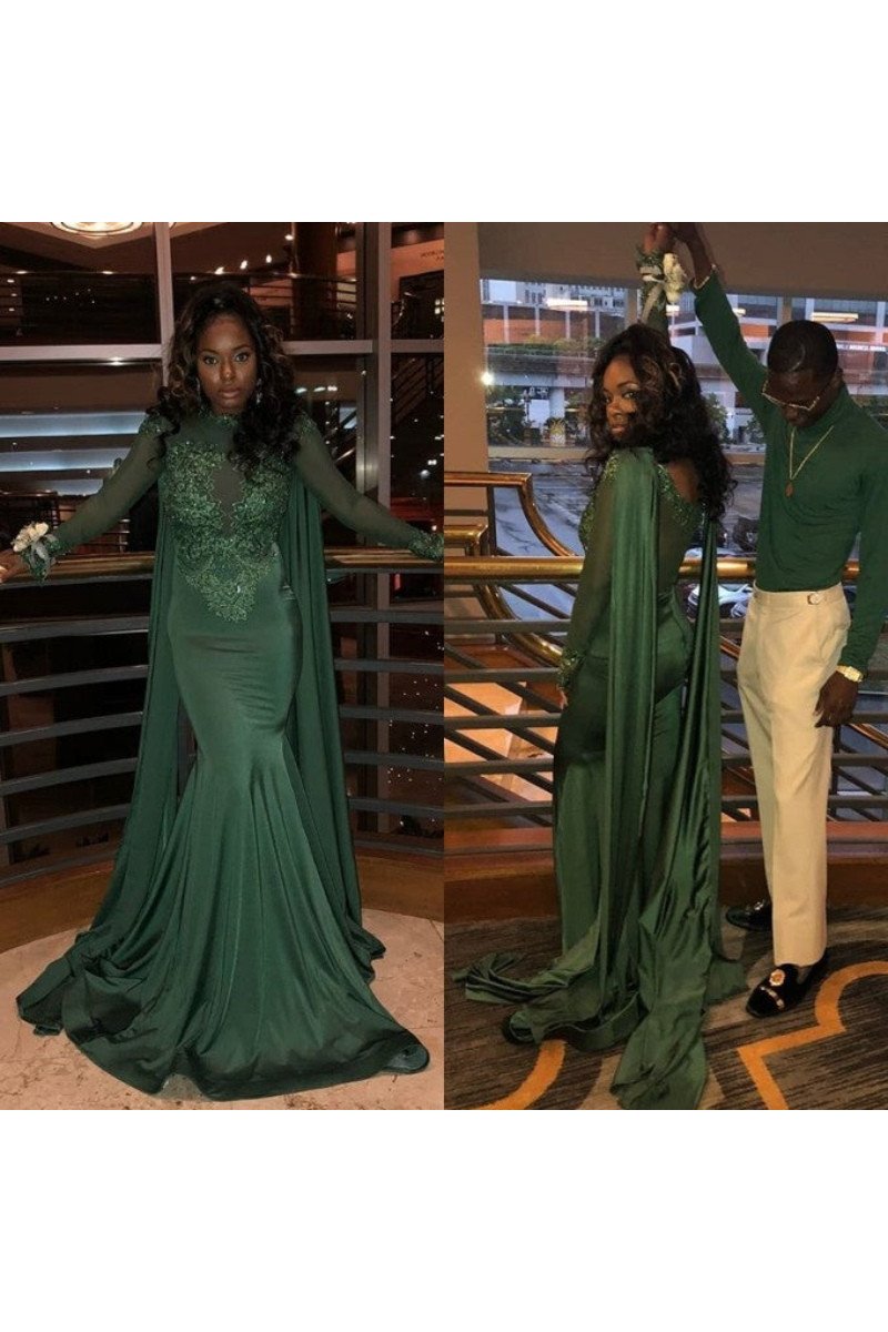 Avery Decent Dark Green High Neck Long Sleeves Appliques Mermaid Prom Dresses