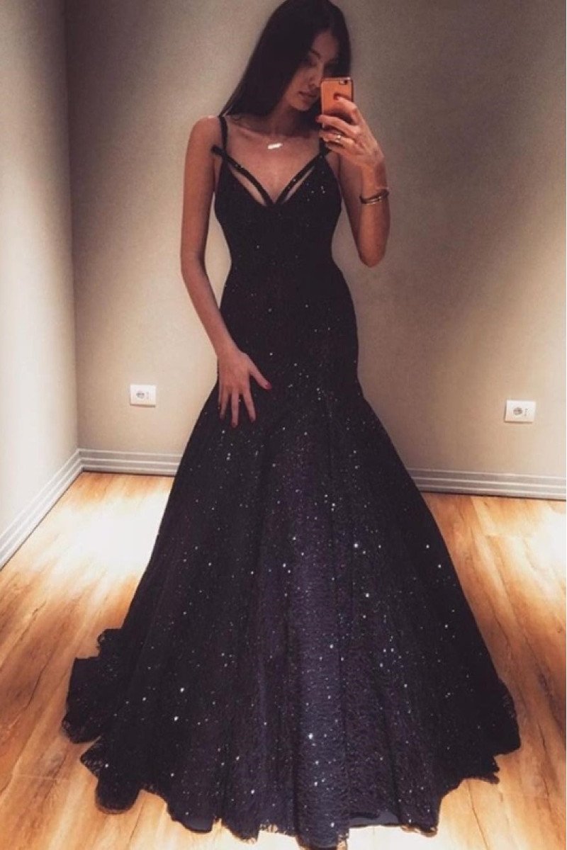 Bader Exquisite Black Sequins Spaghetti Straps Mermaid Prom Dresses