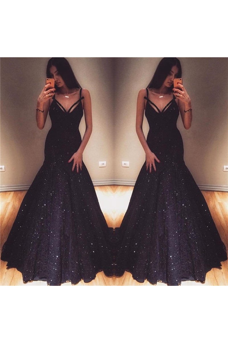 Bader Exquisite Black Sequins Spaghetti Straps Mermaid Prom Dresses