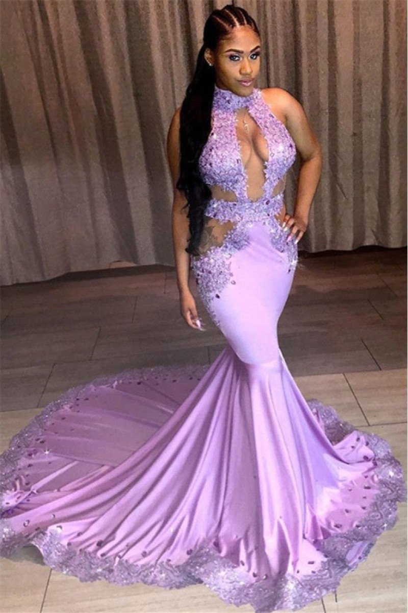 Barbara Sexy Lilac Halter Backless Chapel Train Mermaid Prom Dresses With Crystal