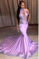 Barbara Sexy Lilac Halter Backless Chapel Train Mermaid Prom Dresses With Crystal