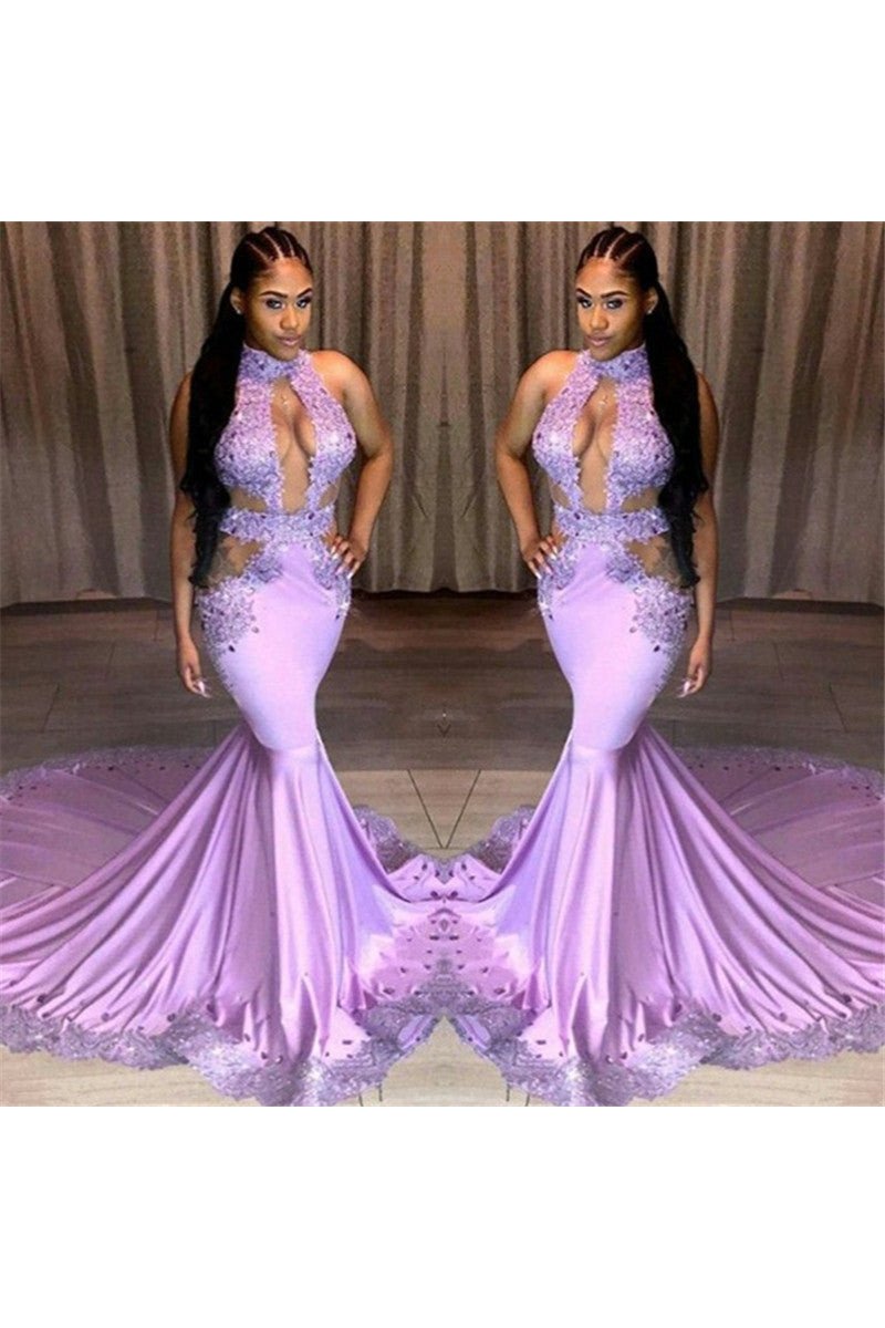 Barbara Sexy Lilac Halter Backless Chapel Train Mermaid Prom Dresses With Crystal