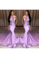 Barbara Sexy Lilac Halter Backless Chapel Train Mermaid Prom Dresses With Crystal