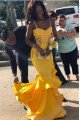 Beatrice Elegant Yellow Spaghetti Straps Appliques Ruffles Two Pieces Prom Dresses