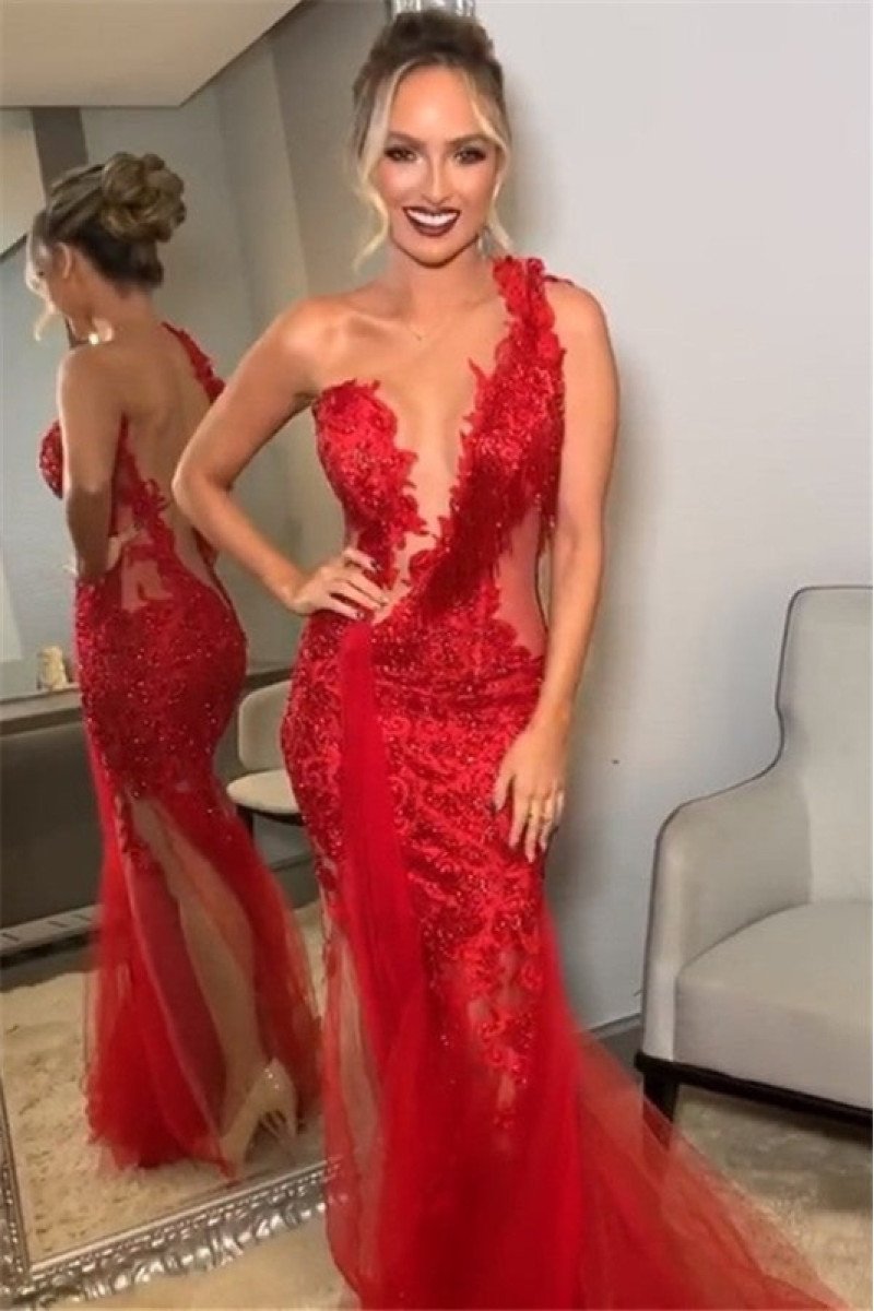 Bertha Special Red One Shoulder Open Back Side Slit Appliques Sheath Prom Dresses