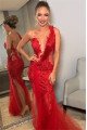 Bertha Special Red One Shoulder Open Back Side Slit Appliques Sheath Prom Dresses