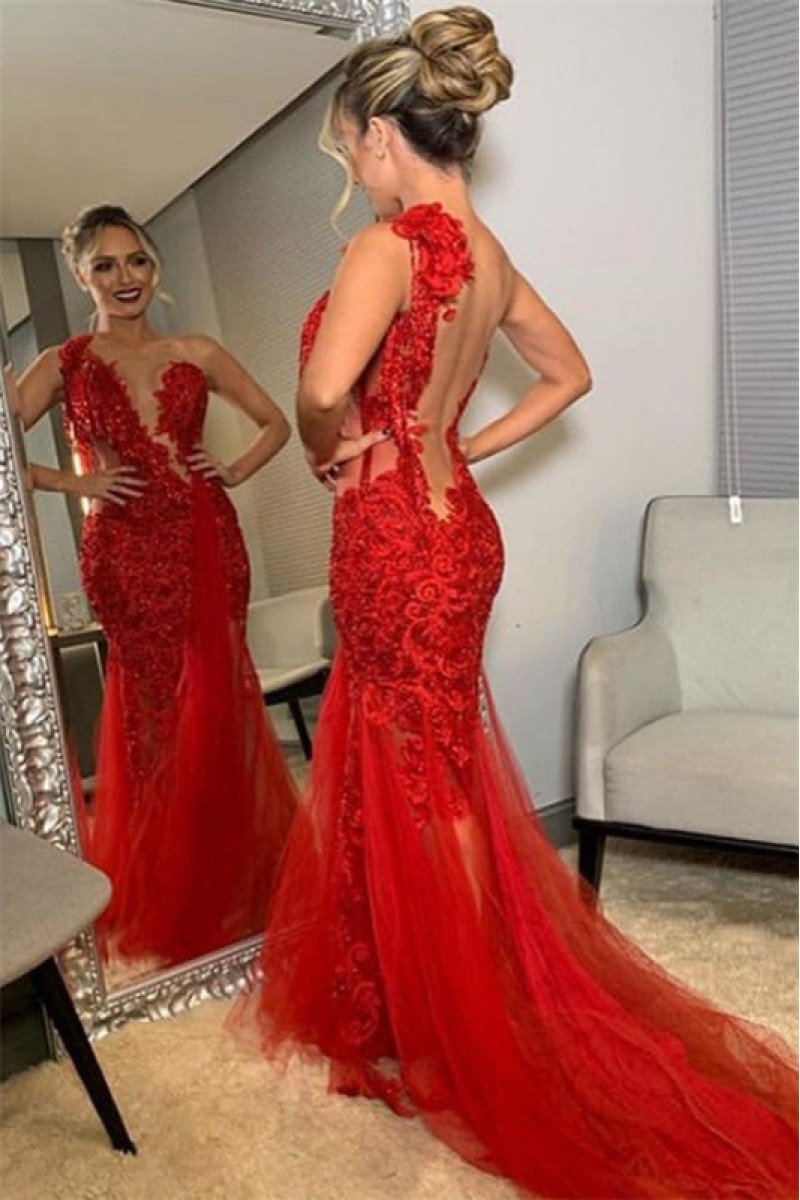 Bertha Special Red One Shoulder Open Back Side Slit Appliques Sheath Prom Dresses