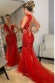 Bertha Special Red One Shoulder Open Back Side Slit Appliques Sheath Prom Dresses