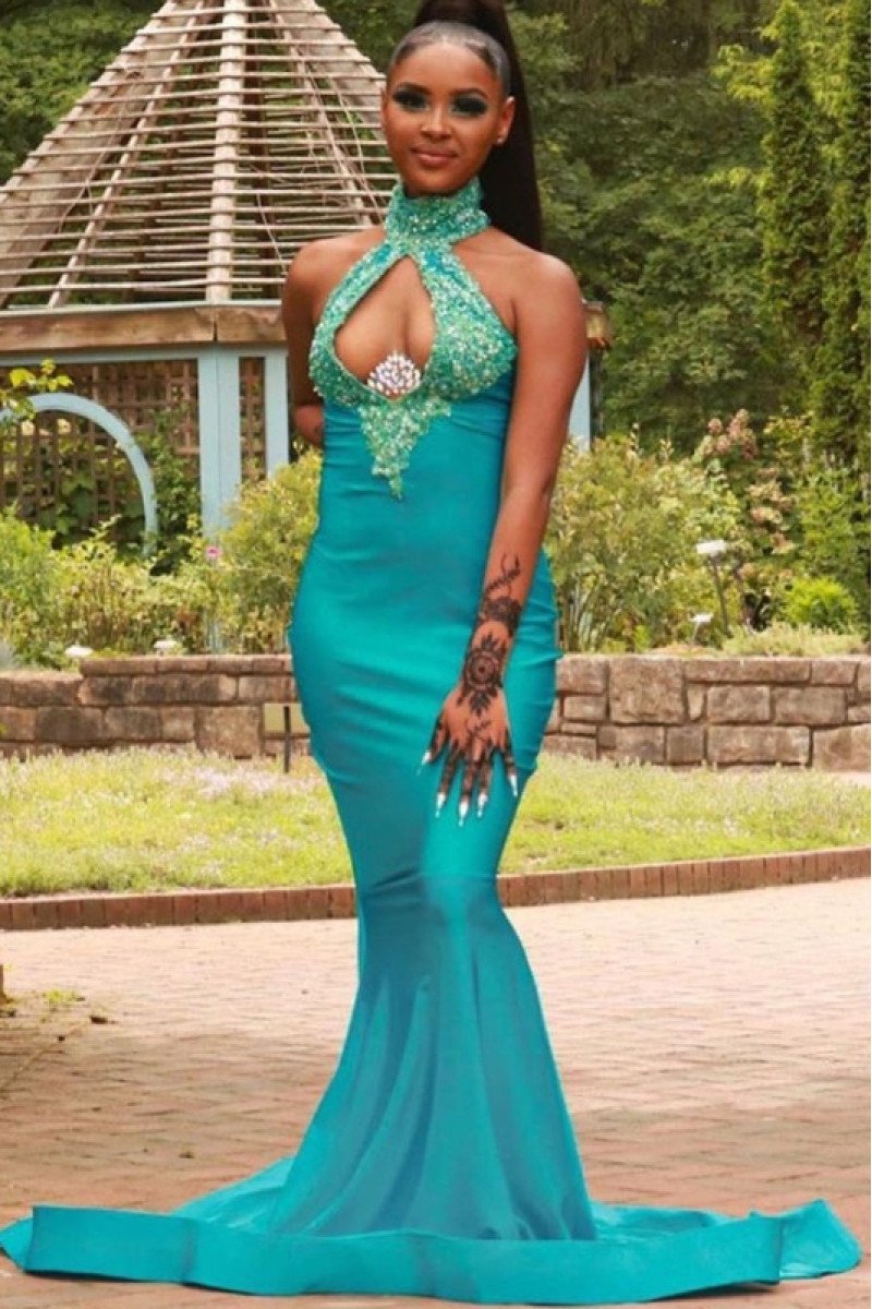 Beryl Fashion Jade High Neck Keyhole Appliques Mermaid Prom Dresses With Court Train