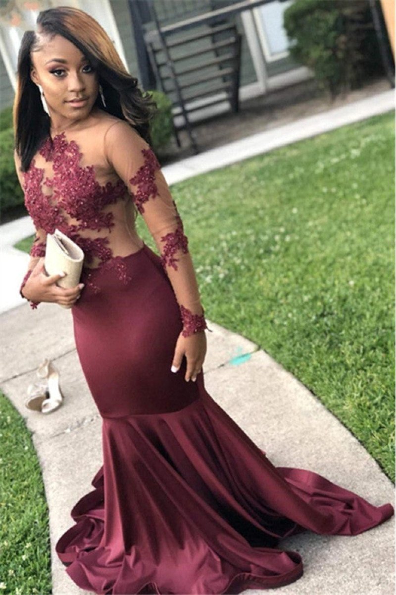 Bess Sexy Burgundy Jewel Long Sleeves Open Back Appliques Mermaid Prom Dresses