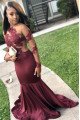 Bess Sexy Burgundy Jewel Long Sleeves Open Back Appliques Mermaid Prom Dresses